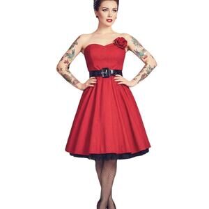 Vtg 90s Rockabilly Red Polka Dot Strapless Swing Dress w/ Crinoline & Rose Jr 15